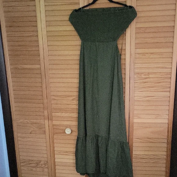 Zara Olive Green Linen Blend Strapless Shoulder Smocked Midi Dress Size M Boho - Picture 3 of 12